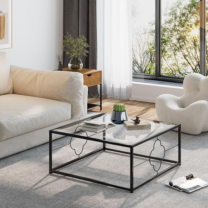 Black Coffee Table Modern Center Table,Glass Square Minimalist Coffee Table Tea Table for Living Room,Tempered Glass-top with Sturdy Metal Frame, Easy Assembly,26.4 x 26.4 x 15.7 Inches