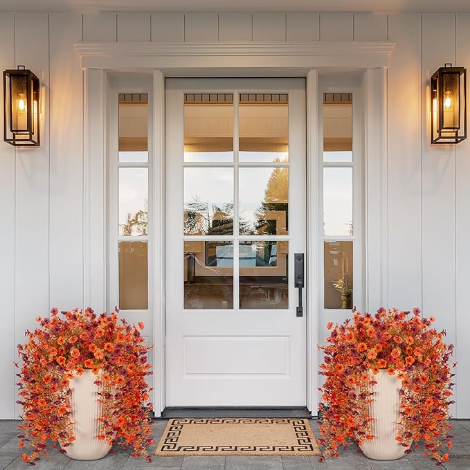 Fake Mums Artificial Fall Hanging Flowers for Outdoors Decoration 2 PCS Faux Mums for Outdoor Planters Fake Plants Look Real Daisy Flower No Fade Autumn Decor for Porch Home Patio Balcony and Yard