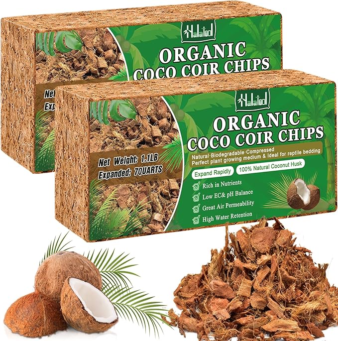 Halatool 2 Pcs Coco Husk Chips for Plants - 2.2 LB 100% Organic Coconut Coir Chips with Low EC and pH Balanced, Compressed Coco Substrate Growing Mulch Medium for Landscaping, Herbs, Plants, Flowers