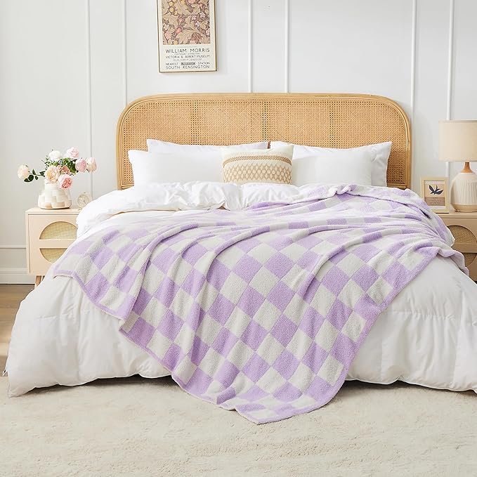 JOOJA Soft Cozy Checkerboard Lilac Fluffy Knit Throw Blanket for Couch Plaid Checkered Blanket Lilac 60x80 in