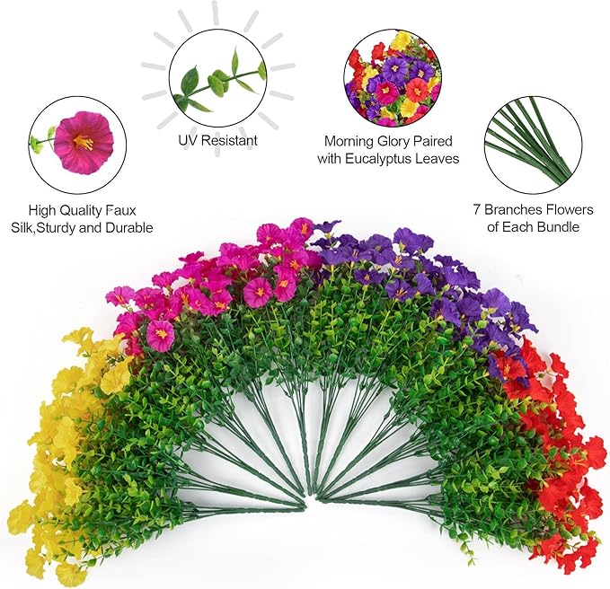 Ouddy Decor 24 Bundles Artificial Flowers for Outdoors Decoration Fake Silk Morning Glory Flowers Faux Eucalyptus Plants UV Resistant for Porch Patio Garden Spring Summer Home Decor, Multicolor