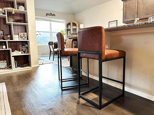 ALPHA HOME 24” Bar Stools Set of 2 Counter Height Bar Stool Pu Leather Kitchen Modern Bar Stools with Backrest Upholstered Footrest Sturdy Chromed Metal Steel Frame,Brown.