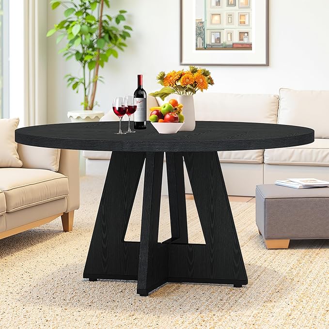 NicBex 47-Inch Round Dining Table for 4, Farmhouse Dinner Table Small Farmhouse Kitchen Tables with Wood Pedestal Base for Dining Room, Kitchen, Living Room, Black