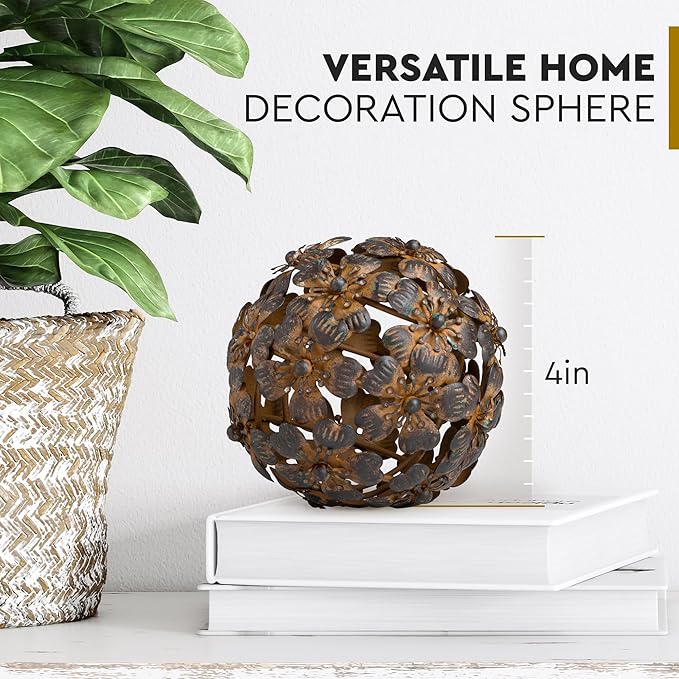Everydecor Metal Decorative Sphere for Home Decor - Decorative Balls for Shelves, Centerpiece Bowls, Bookshelf - Decoration Orbs Accents for Living Room, Bedroom - Antique Brown Shelf Spheres