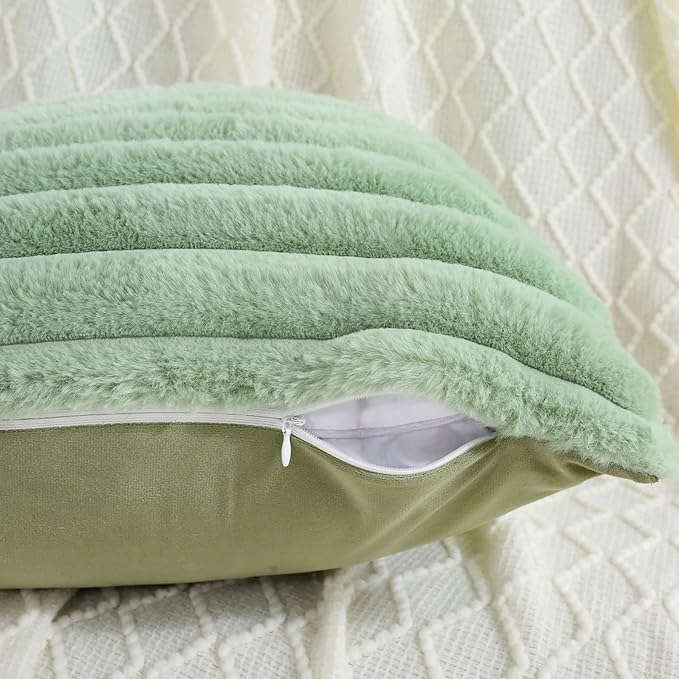 FUTEI Sage Green Striped Decorative Throw Pillow Covers 22x22 Inch Set of 2,Square Fall Decorations Couch Pillow Case,Soft Cozy Faux Rabbit Fur & Velvet Back,Modern Home Decor for Bed