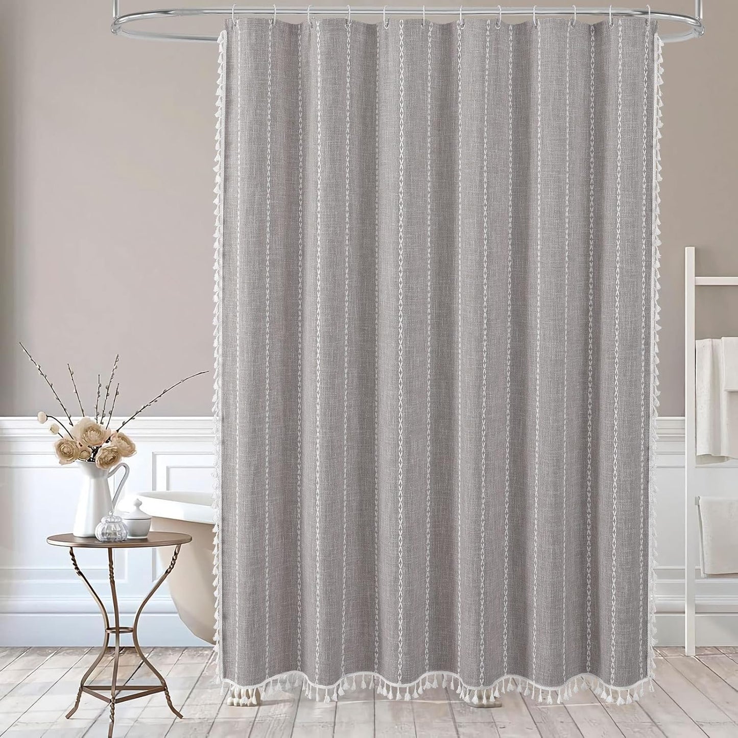 MitoVilla Boho Extra Long Shower Curtain 72 x 84, 84 inch XL Cotton Linen Tassel Fabric Shower Curtains for Vintage Country Farmhouse Bathroom Decor, Thick & Wrinkle Resistant, Brown Grey