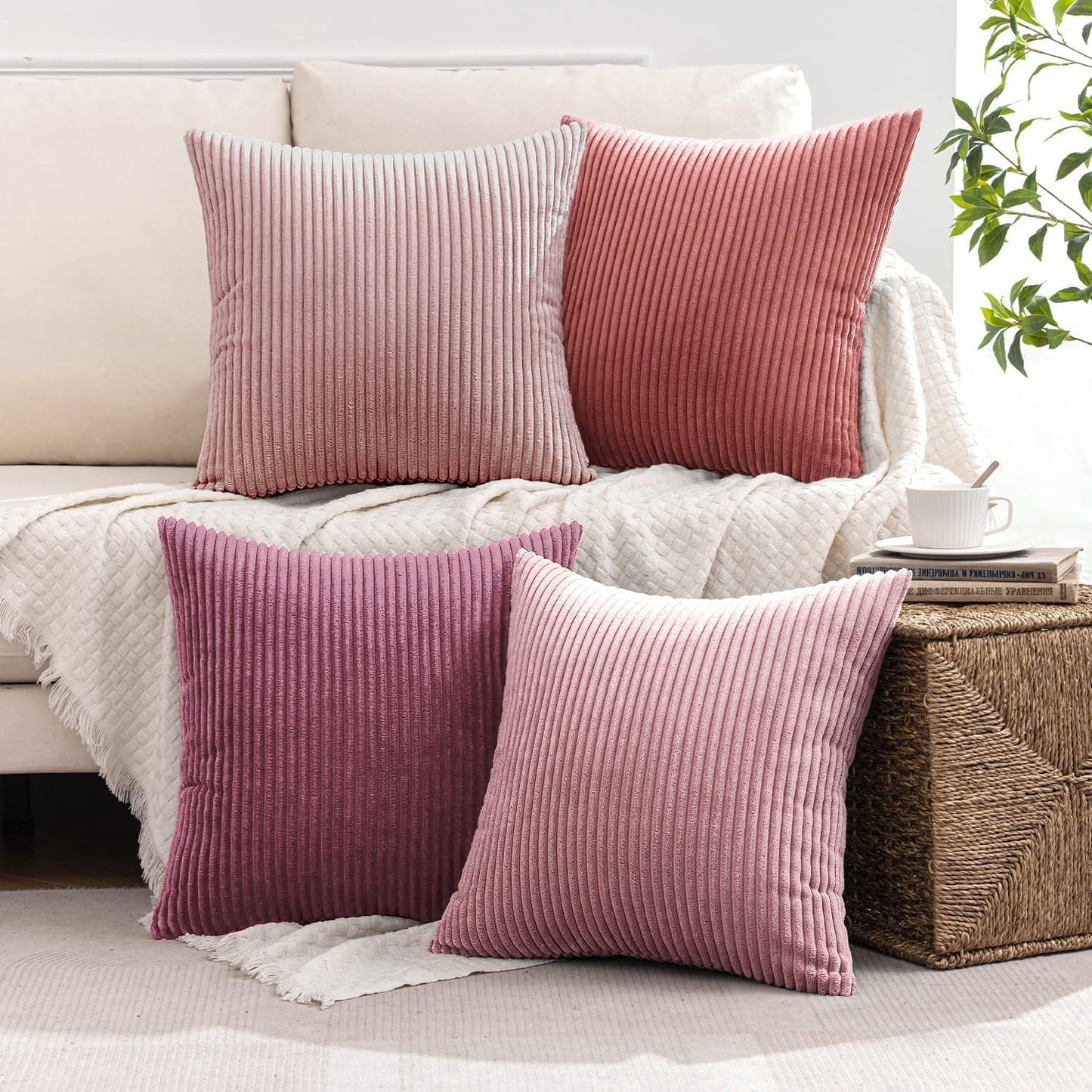MIULEE Pack of 4 Purple Pink Corduroy Decorative Throw Pillow Covers 18x18 Inch Soft Boho Striped Pillow Covers Modern Farmhouse Home Decor for Winter Sofa Living Room Couch Bed