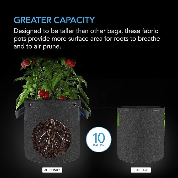 AC Infinity Heavy Duty Fabric Pots, 10 Gallon Aeration Reusable Grow Bags 5-Pack with 500G Thick Nonwoven Fabric and Multi-Purpose Rings, for Low Stress Plant Training Fruits, Vegetables, and Flowers