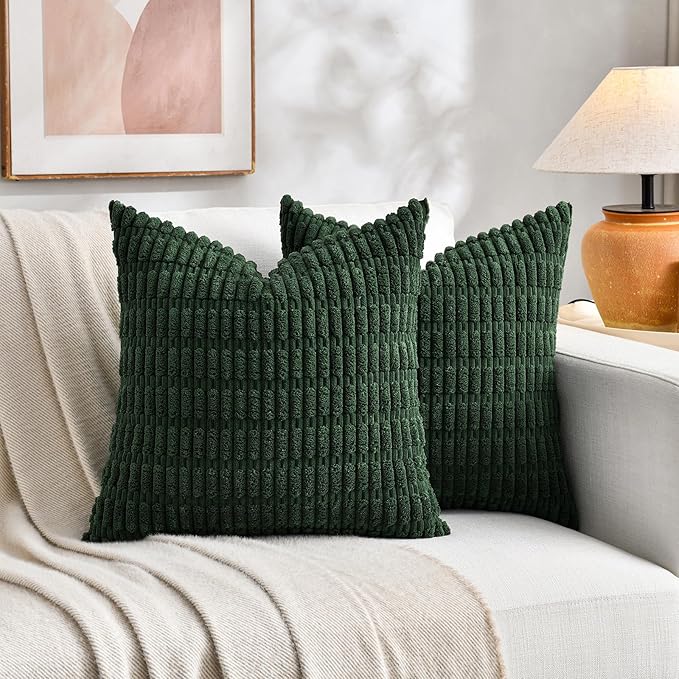 Fancy Homi Set of 4 Green Boho Winter Decorative Throw Pillow Covers 22x22 Inch for Couch Bed Sofa, Aesthetic Modern Bohemian Room Decor, Soft Fuzzy Cozy Corduroy Textured Cushion Case 55x55cm