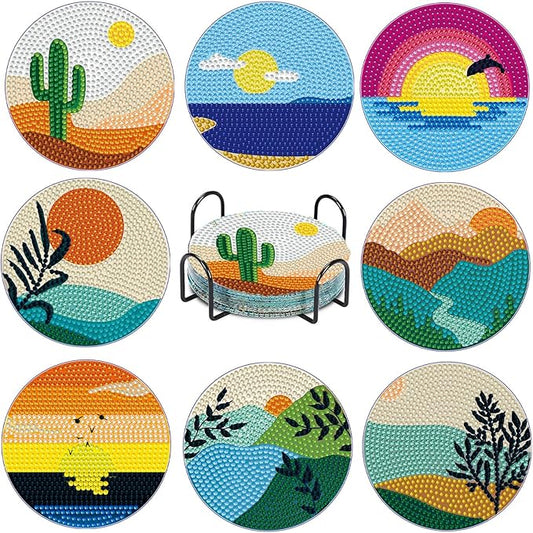 8 PCS Abstract Moon Diamond Art Coasters Kits, Diamond Painting Coasters with Holder Set of 8, DIY Drink Coasters Art Crafts Supplies for Adults Cup Mat for Home Decor House Warming Gifts 3.9inch