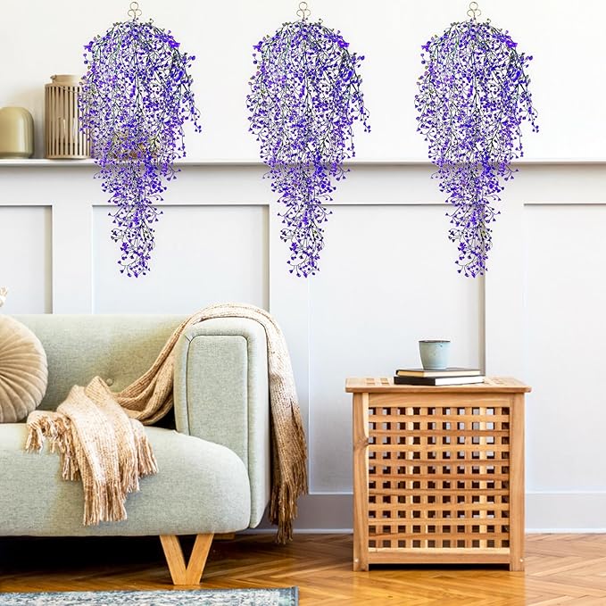 Fake Hanging Plants, 3pcs Faux Hanging Plants Purple, Artificial Plants Ferns Ivy Vine for Wall House Indoor Outdoor Room Home Decor