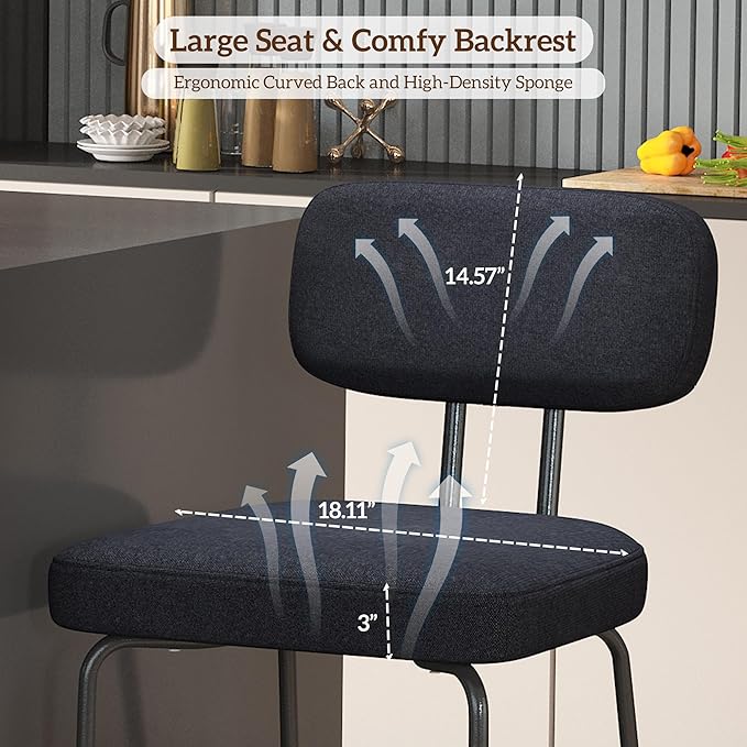 Counter Height Bar Stools Set of 3, 26" Black Fabric Kitchen Counter Stools with Backs, Metal Legs, Footrest and Wide Seat, Bar Chairs for Kitchen Island
