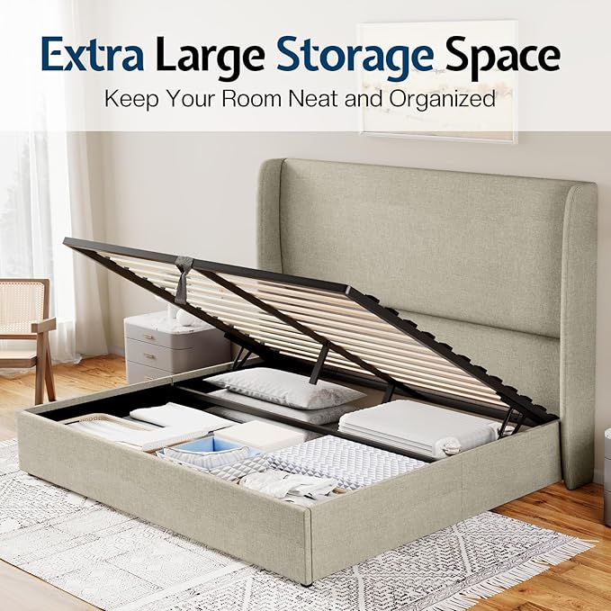 Jocisland Queen Size Bed Frame Lift Up Storage Bed Linen Upholstered Bed Frame with Hydraulic Storage/Wingback Headboard/No Box Spring Needed/Khaki