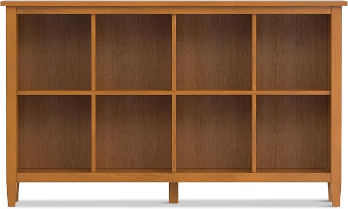 SIMPLIHOME Warm Shaker Console Table - 57 Inch Wide Solid Wood Sofa Table in Light Golden Brown, Transitional Bookcase for Entryway or Living Room with 8 Open Storage Cubbies and Square Tapered Legs