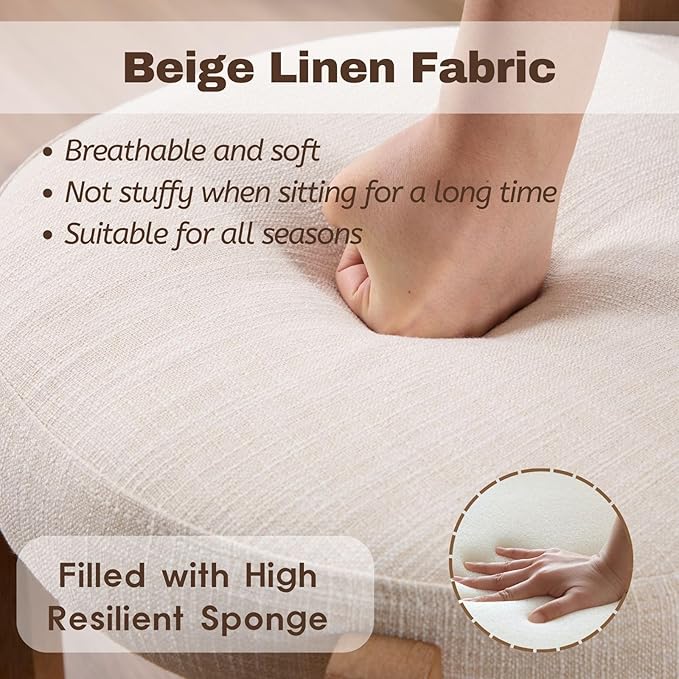 LukeAlon Cute Linen Upholstered Vanity Stool, Round Comfy Makeup Stool with Wooden Legs Small Ottoman Chair Mid Century Modern Padded Seat Footrest for Makeup Room Cloakroom Bedroom, Beige