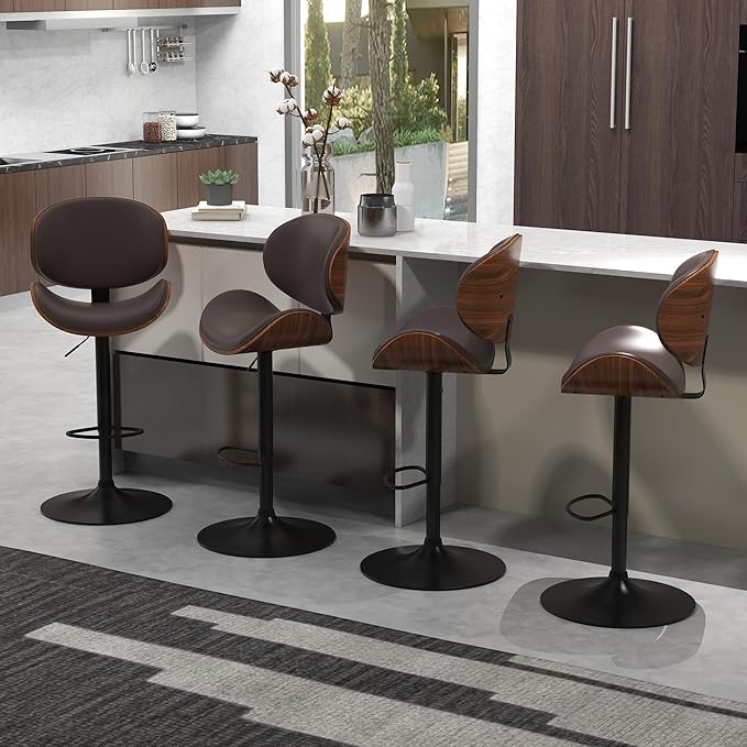 civama Bar Stools Set of 6 for Kitchen Counter, Adjustable Bar Height Chairs, Modern Swivel Barstools with Bentwood Seat and Back with Footrest for Kitchen Island, Dining Room, Brown PU Leather
