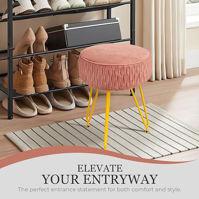 Velvet Vanity Stool Footrests, Round Ottoman Vanity Chairs with Anti-Slip Feet, Dressing Table Seat Foot Stool with Black Legs, Furry Padded Seat Side Table for Makeup Bedroom(Pink, Golden)