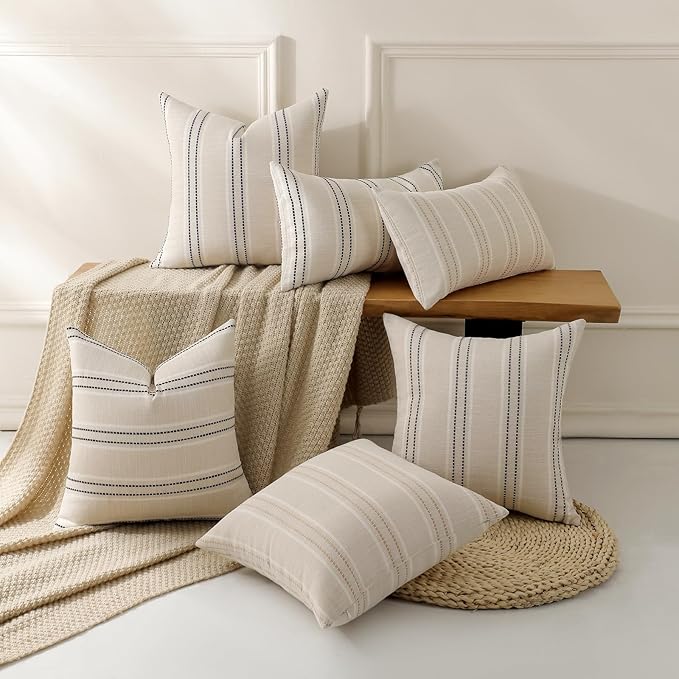 Hckot Throw Pillow Covers 24x24 Set of 2 Striped Pillow Covers Textured Linen Decorative Pillows Square Cushion Covers for Sofa Couch Bed Living Room Farmhouse Decor