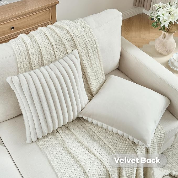 FUTEI Cream White Striped Decorative Throw Pillow Covers 18x18 Inch Set of 2,Square Fall Decorations Couch Pillow Case,Soft Cozy Faux Rabbit Fur & Velvet Back,Modern Home Decor for Bed