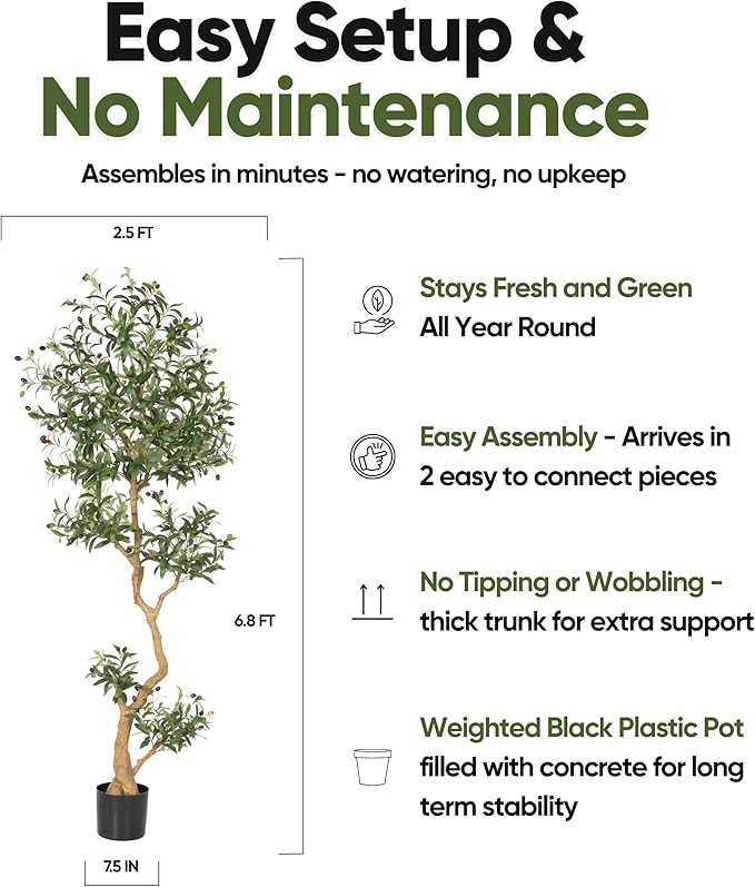 Olive Tree 6.8 Feet – Artificial Plants Indoor, Faux Olive Tree and Pot, Fake Tree for Home Decor, Faux Trees Indoor for Living Room, Office, Bedroom – Tall Artificial Trees for Home, Designer Tree
