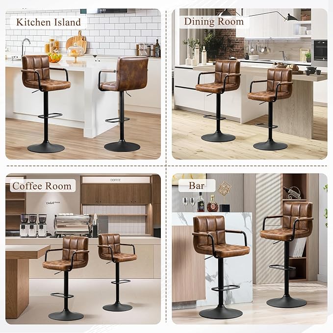 Furniliving Bar Stools Set of 2 with Back, Modern Square PU Leather Kitchen Stools with Armrest, Adjustable Counter Height Barstools for Kitchen Bar Pub Cafe (Yellowbrown)