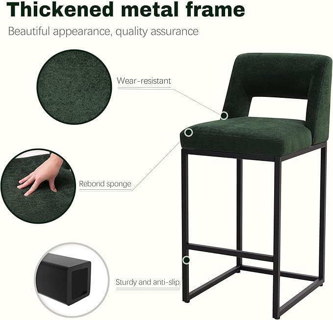 Counter Height Bar Stools Set of 6 for Kitchen Counter Modern Bar Chairs with Backs for Kitchen Island with Upholstered Fabric Seat and Metal Frame, Green, 26 Inch