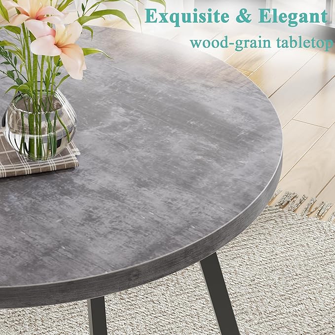 VECELO 35" Round Dining Table for 4, Wood-Grain Tabletop & Heavy-Duty Steel Frame, for Kitchen, Living Room, Easy Assembly, Dark Grey