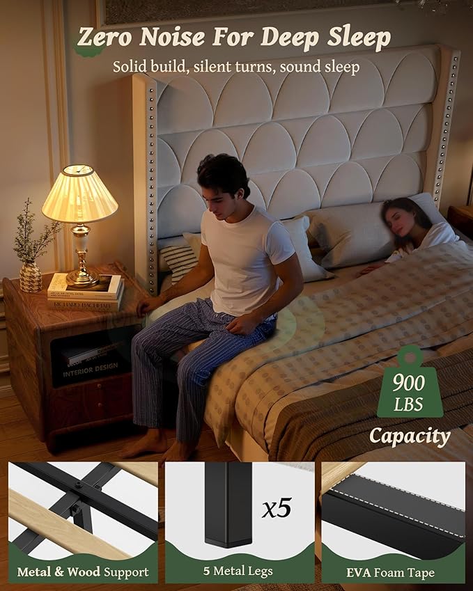Queen Size Bed Frame with 56" Headboard - 900LBS Capacity Support, Velvet Upholstered Wingback Platform Bed Frame, Noise Free, Sturdy Wooden Slat Support