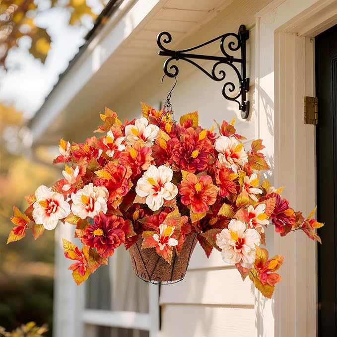 Artificial Fake Fall Hanging Flowers with Basket for Outdoors Decoration 3PCS Faux Fall Flowers for Outdoor Planters UV Resistant No Fade Silk Hibiscus for Home Porch Patio Garden Balcony Yard Decor