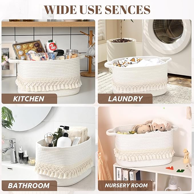2 Pack Storage Basket for Shelves, Boho Cotton Rope Storage Bins with Heavy Tassel, Shelf Baskets Large Woven Baskets for Organizing, Cube Organizer Bins, Baby Laundry Basket for Clothes, Toys, Pets