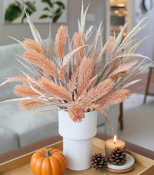7 PCS Christmas Stems for Vases, 26 in Faux Stems Fake Plants Winter Stem Greenery Branches Fake Leaves Faux Foliage for DIY Craft Garland Home Kitchen Office Indoor Centerpiece Table Decor, Orange