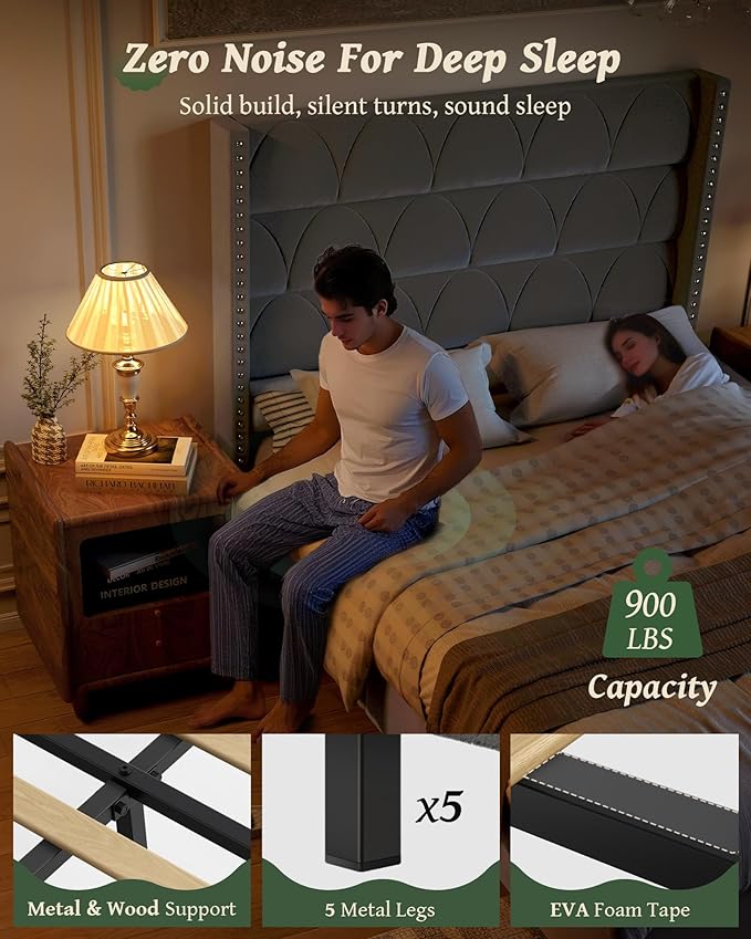 Queen Size Bed Frame with 56" Headboard - 900LBS Capacity Support, Velvet Upholstered Wingback Platform Bed Frame, Noise Free, Sturdy Wooden Slat Support