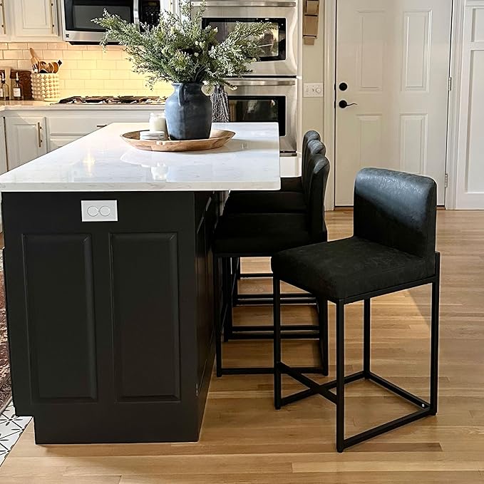 PHI VILLA Bar Stools - Counter Height Bar Stool Leather Kitchen Counter Barstools, Black Bar Stools with Back