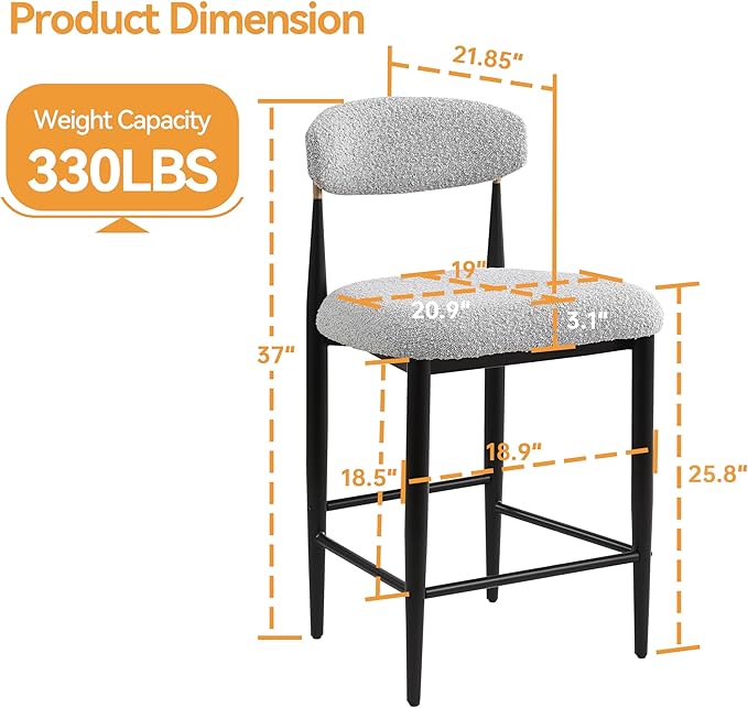 Morden Fort Counter Height Bar Stools Set of 4, Modern Upholstered Counter Stools with Black Metal Legs, Boucle Island Chairs for Kitchen, Dining Room and Bar