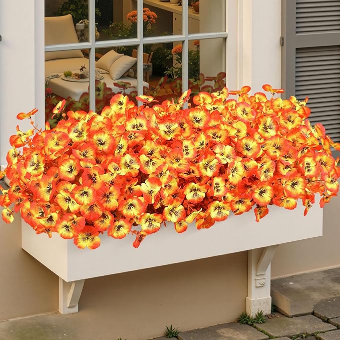 40 Bundles Artificial Fall Flowers for Outdoors Autumn Decorations, Fake Big Pansies Silk Plants UV Resistant Realistic Faux Flowers Plants for Planter Porch Patio Window Decor, Autumn Orange