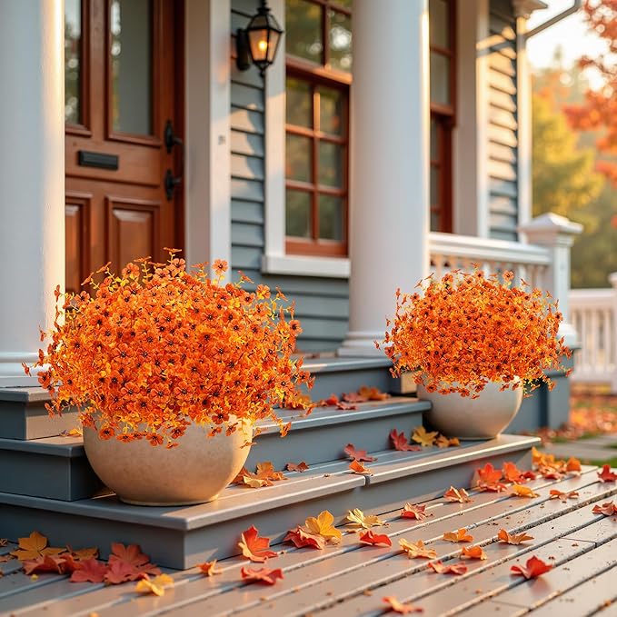 Artificial Mums Fall Fake Flowers for Outdoors, 12 Bundles Faux Mums for Outdoor Planters Autumn Decorations,UV Resistant Silk Flowers Plastic Plants for Outside Front Porch Garden Patio Home Decor