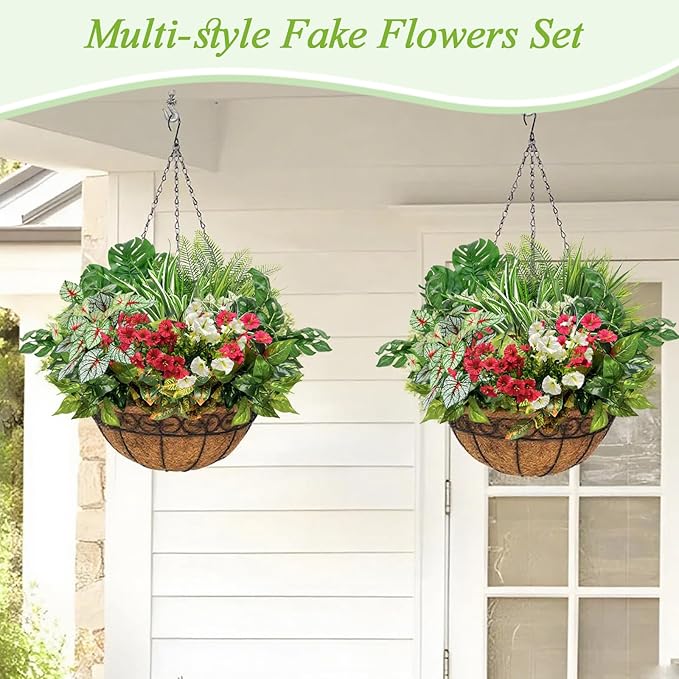 19PCS Artificial Plants Outdoor UV Resistant Faux Greenery Stems & Flowers Realistic Fake Shrubs Bushes for Patio Garden Front Porch Yard Decor