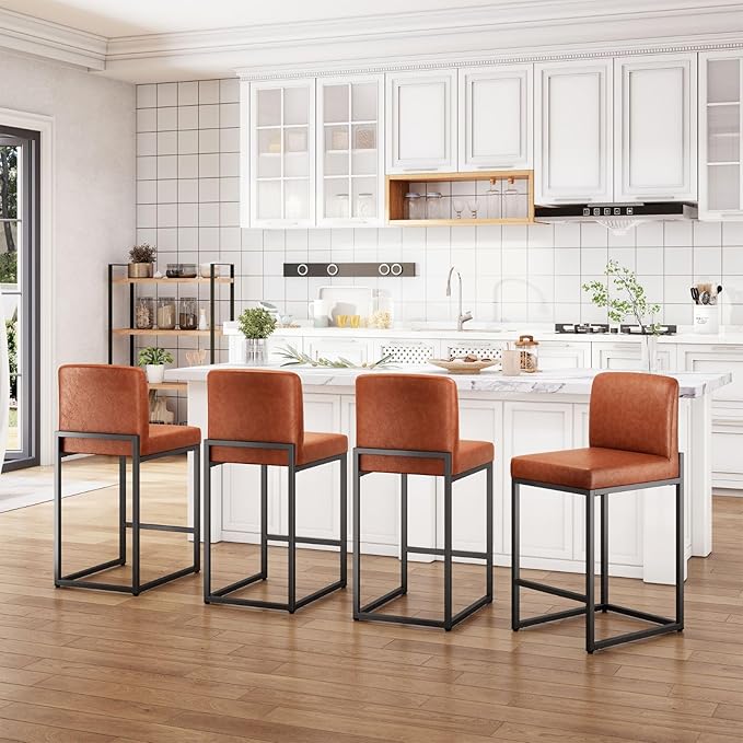Sophia & William Brown Bar Stools Set of 4, Modern PU Leather Counter Height Barstools with Back, 24" Kitchen Island Chairs