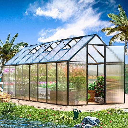 CDCASA 16x6 FT Greenhouse for Outdoors, Easy Assembly Large Aluminum Heavy Duty Polycarbonate Greenhouses Kit w/2 Window, Swing Door, Walk-in Green House for Outsides, Sunroom, Backyard, Garden
