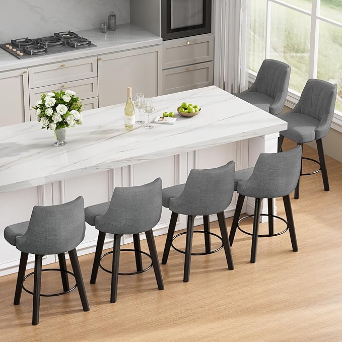 Counter Height Swivel Bar Stool, 24" Upholstered Fabric Barstools, Counter Stool Chair with Back & Solid Wood Legs for Kitchen Island Dining Room (Dark Gray)