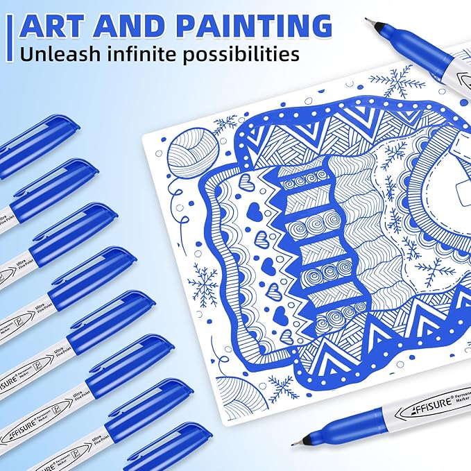 Blue Ultra Fine Point Permanent Markers, 18 Pack, 0.4 mm, Precision Extra Fine Tip for Detailed Writing, Art, Crafts & Labeling on Paper, Plastic, Glass, Metal, Waterproof, Fade-Resistant Ink
