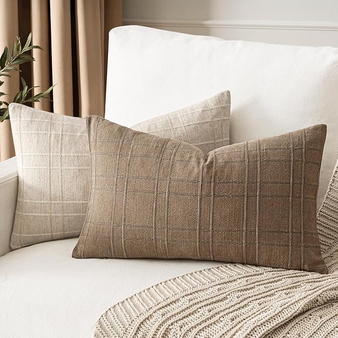 MIULEE Decorative Linen Check Lumar Throw Pillow Covers Neutral Farmhouse Vintage Pillow Covers 12x20 Set of 2 Boho Modern Winter Home Decor for Sofa Couch Bedroom Cushion Light Brown