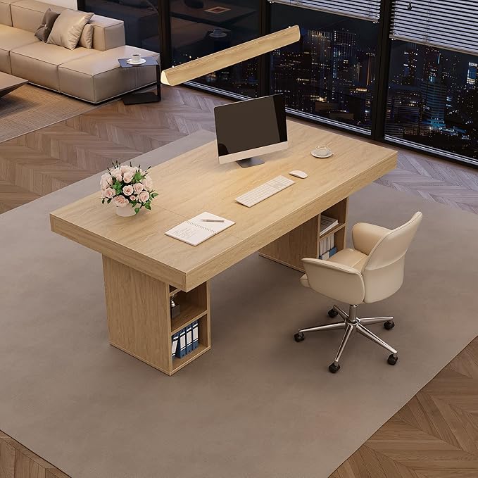 GarveeHome 63-Inch Rectangular Dining Table with Storage, Large Dining Table for 6 w/Large Tabletop & Sturdy Frame, Wooden Kitchen Table with Double Pedestal, for Dining Room, Office, Oak