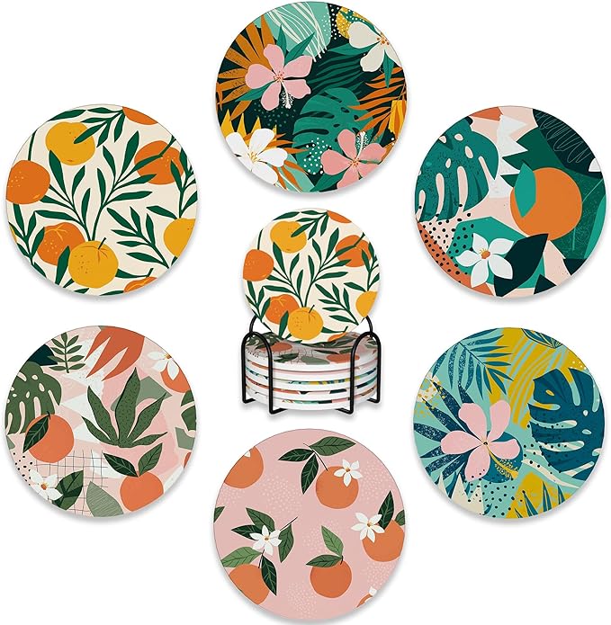 Drink Coasters Set of 6 with Holder,Tropical Palm Leaves Orange Floral Absorbent Ceramic Coasters with Cork Base,Fit All Cups,Tabletop Protection Mat for Mugs and Cups,Office,Kitchen