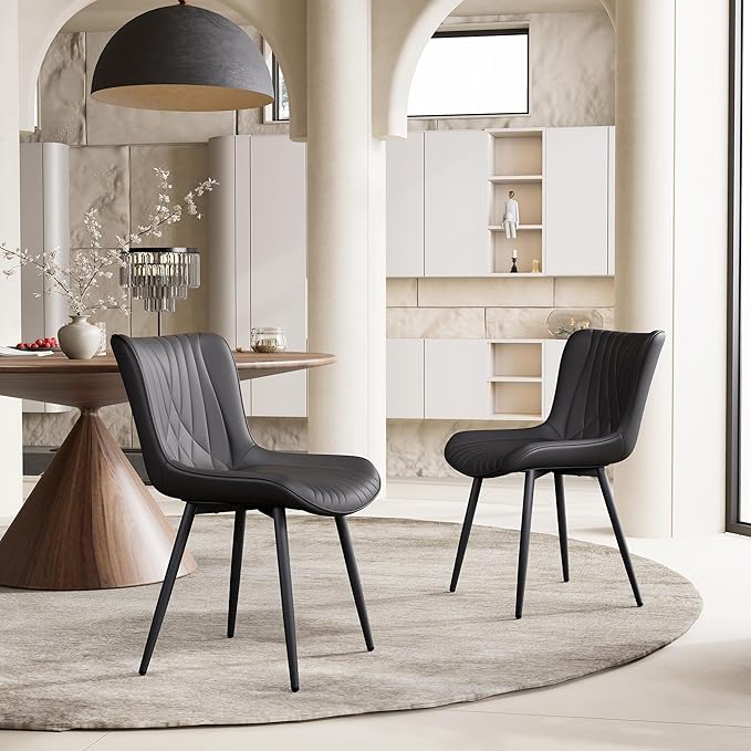 YOUTASTE Black Dining Chairs Set of 2 Upholstered Mid Century Modern Kitchen Dining Room Chairs Armless Faux Leather Accent Chairs Metal Vanity Lounge Chair with Back for Living Room Bedrooms