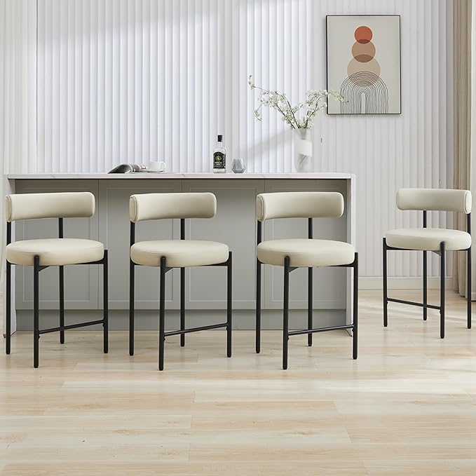 24'' Faux Leather Bar Stools Set of 3, Counter Height Bar Stools with Backs, Upholstered Counter Chairs for Kitchen Counter (Vegan Leather, Grey)