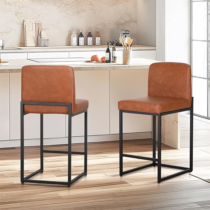 Sophia & William Brown Bar Stools, Counter Height 24" Bar Stools with Back, Modern PU Leather Kitchen Island Bar Chairs,1 Pack