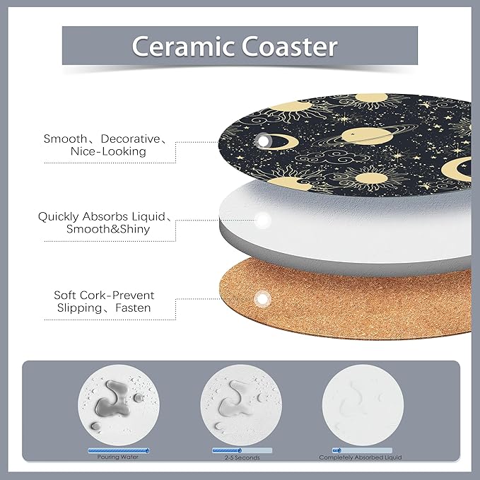 Drink Coasters Set of 6 with Holder,Gold Sun Moon Clouds Stars Absorbent Ceramic Coasters with Cork Base,Fit All Cups,Tabletop Protection Mat for Mugs and Cups,Office,Kitchen