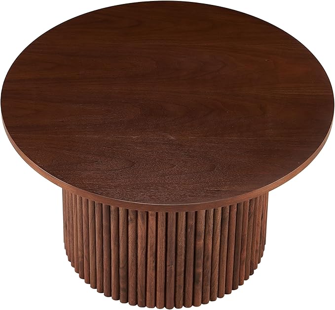 27.5'' Round Dining Table for 4, Modern Wood Farmhouse Kitchen Circle Table with Sturdy Cylindrical Pedastal, Dinner Tables for Dining Room, Living Room Walnut