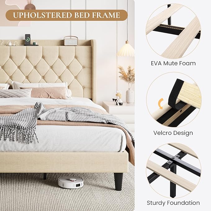 SHA CERLIN King Size Platform Bed Frame with Charging Station, Velvet Wingback Headboard with Storage Shelf, Wooden Slats Support, Ample Under-Bed Space, No Box Spring Needed, Easy Assembly, Beige